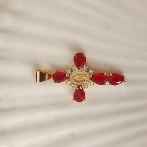 Gold Steel Cross Pendant Crystal Simulated Red Ruby Stones and Virgin Ma…